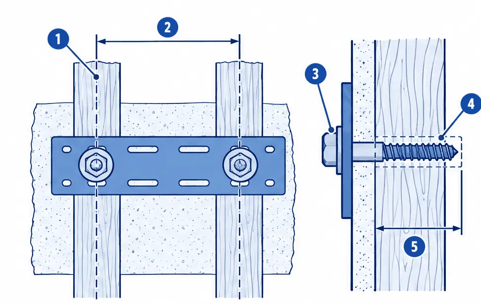 Diagram: front view of two wood studs behind a plate with bolts on their center lines, and an enlarged section of one lag bolt through the plate and drywall into the stud