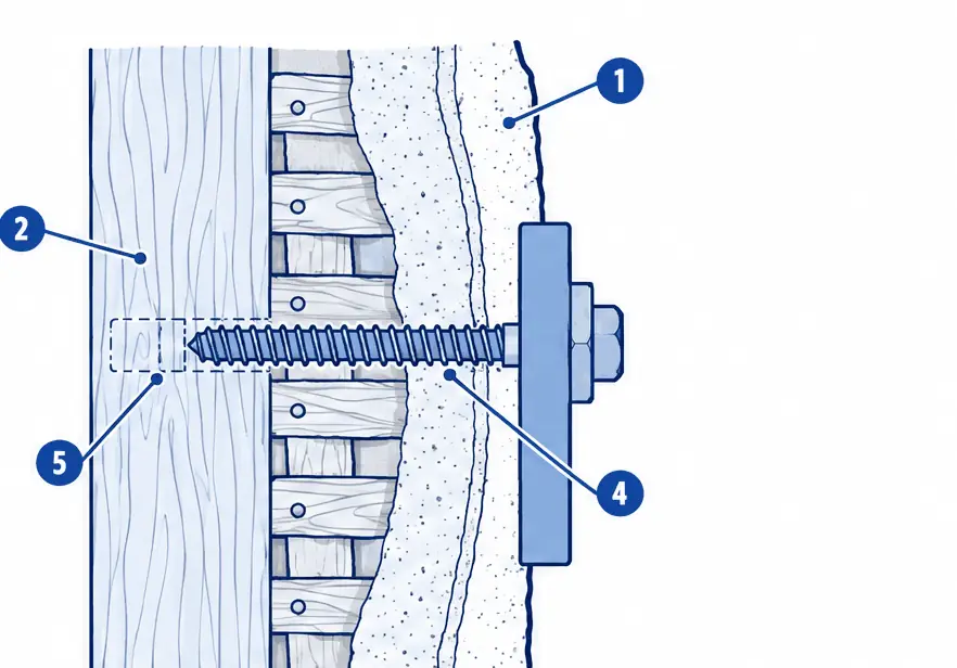 Diagram: side section of a plaster wall over wood lath and a stud, a long lag bolt through the plaster and lath deep into the stud, with a dashed pilot hole
