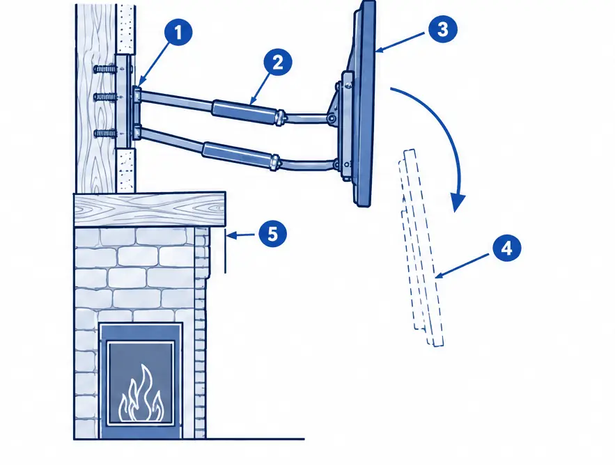 Diagram: side section of a pull-down fireplace mount lowering the TV in front of the mantel