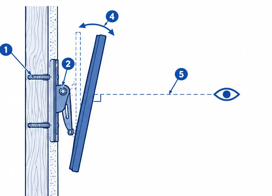 Diagram: side section of a tilting TV mount angling the screen down