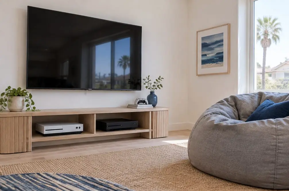 Illustration: a large switched-off TV on a wall above a low media shelf with two game consoles and a beanbag chair in a bonus room in Costa Mesa