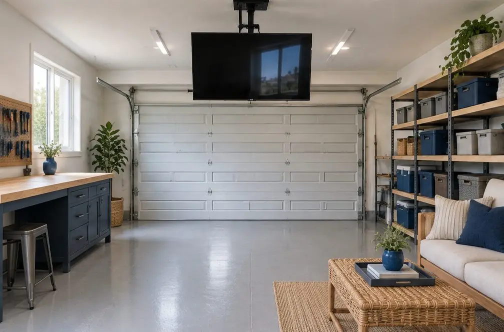 Illustration: a switched-off TV on a ceiling drop mount in a tidy two-car garage with a workbench, shelves and a closed roll-up door
