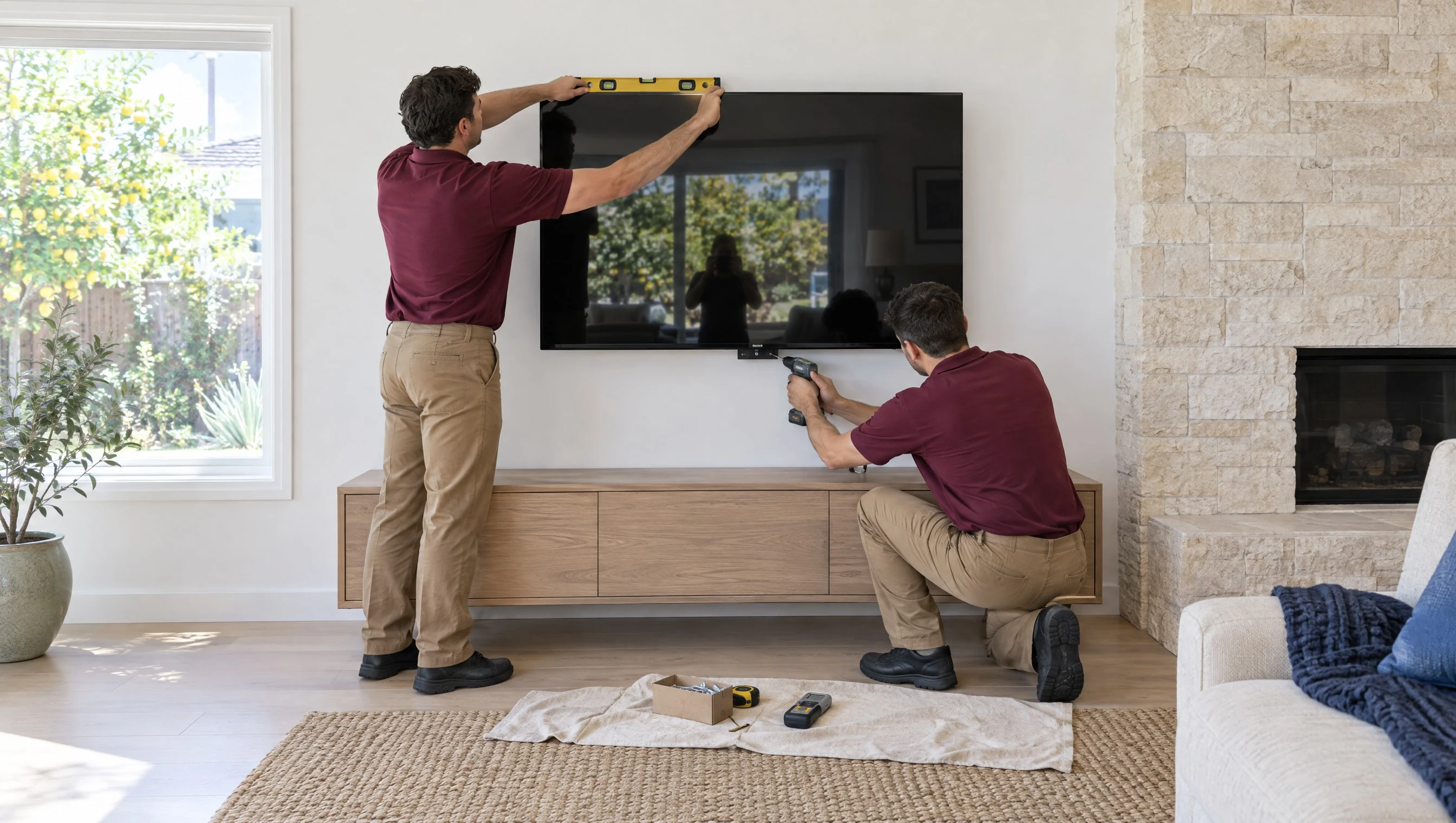 Illustration: two installers in matching burgundy work uniforms mounting a TV on a living-room wall in a bright Costa Mesa ranch-style home, one leveling the TV while the other tightens the bracket's safety screw; the TV screen is off and reflects a window and the photographer (AI-generated)