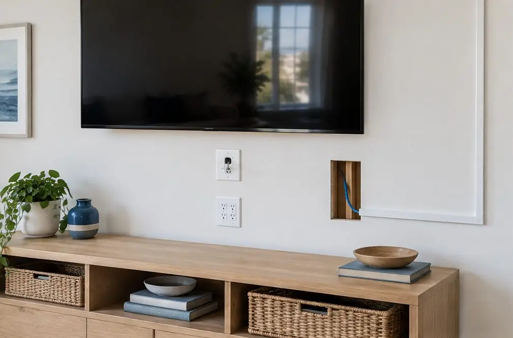Illustration: a wall cutaway of a switched-off TV with two wall plates, a cable in a stud bay and a low media shelf; a plain wall section beside it