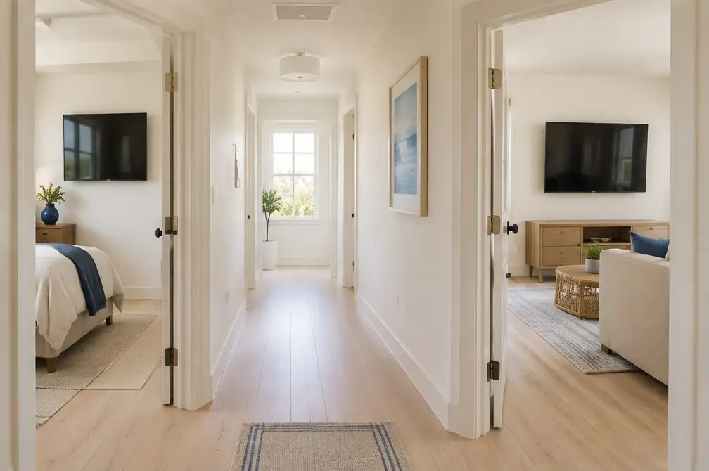 Illustration: a hallway of a Costa Mesa single-story home with two open doors, a bedroom wall and a family-room wall each with a mounted TV, all screens off
