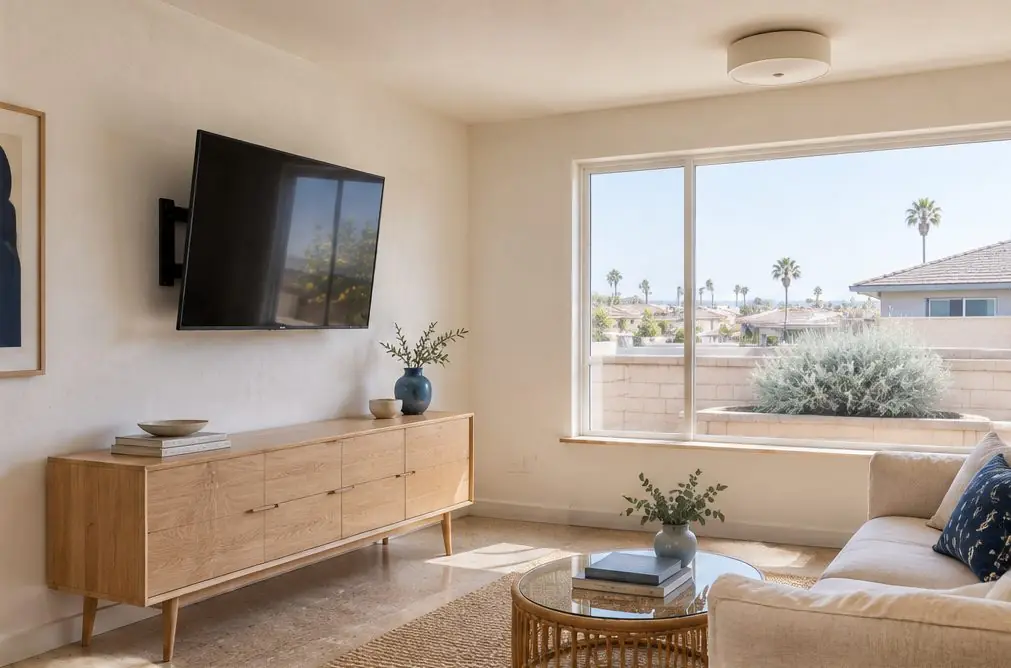 Illustration: a 55-inch TV, screen off, on a fixed wall mount over a low console in a single-story living room with a wide window, a linen sofa and a pale plaster wall
