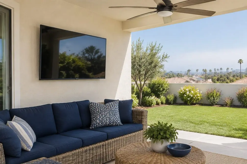 Illustration: an outdoor-rated TV with the screen off on a cream stucco wall under a covered backyard patio, with a rattan sofa, a ceiling fan and a small lawn beyond