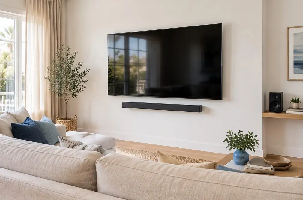 Illustration: a switched-off TV on a wall with a slim soundbar mounted below it and a small rear speaker on a shelf at the side of a Costa Mesa living room