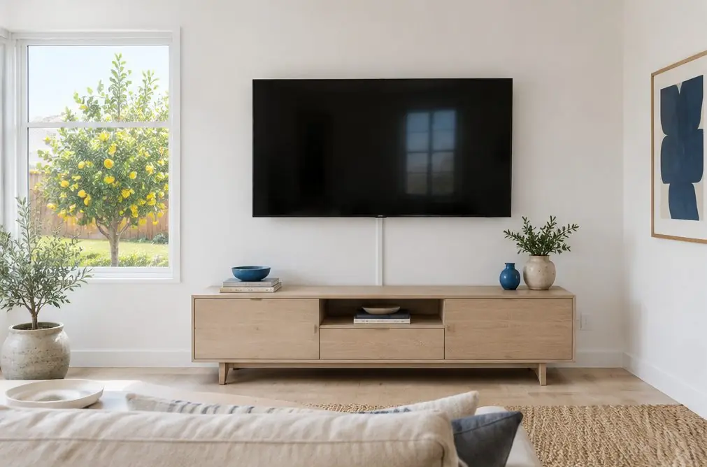 Illustration: a 55-inch TV with the screen off on a fixed wall mount above a low oak console in a bright living room (AI-generated)